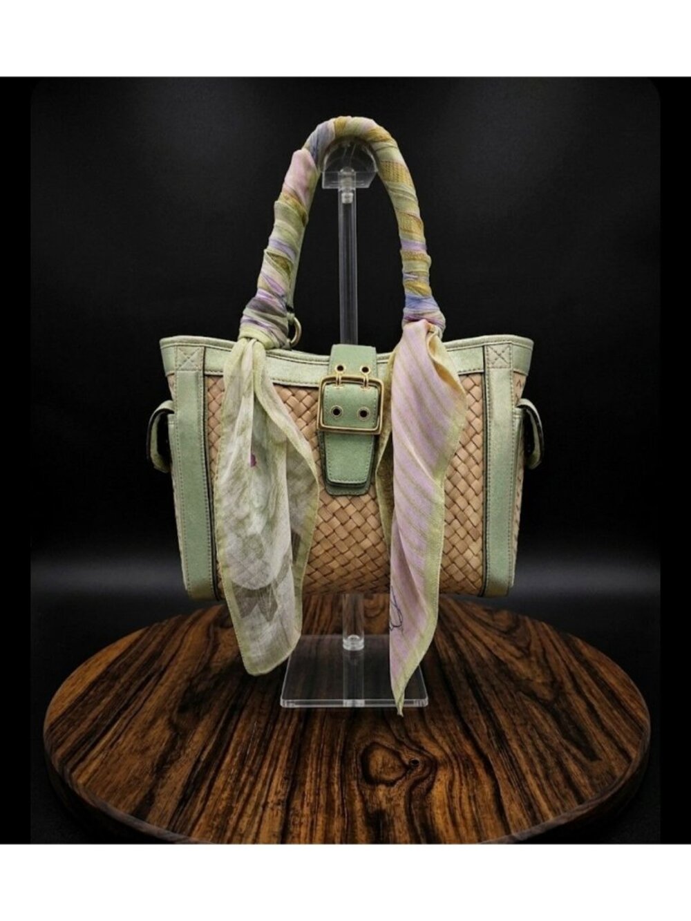 Coach Vtg. Basket Weave Straw Green Metallic Leather & Suede Tote Bag